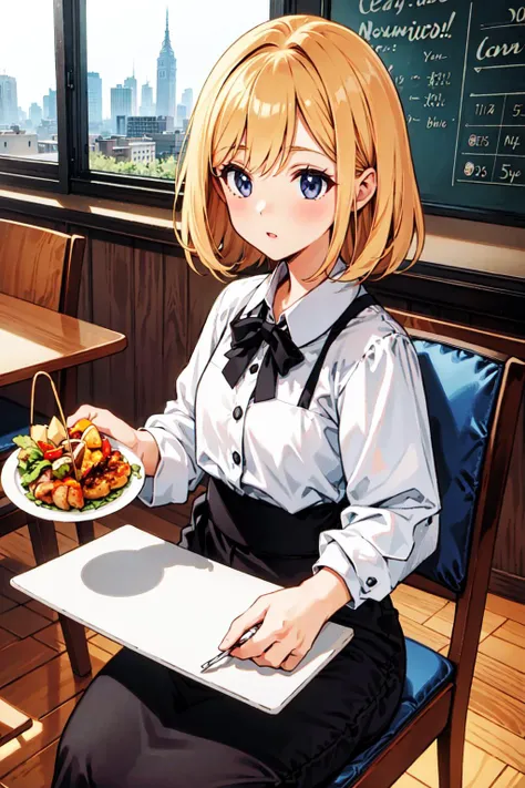 (best quality:1.6), (ultra-detailed),girl, cafeteria ,cityscape,