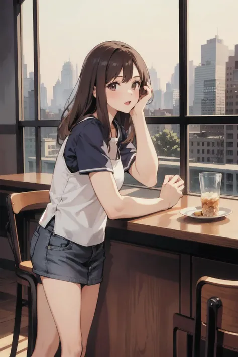 (best quality:1.6), (ultra-detailed),girl, cafeteria ,cityscape,