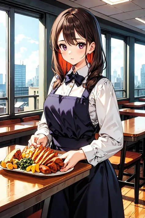 tan skin anime girl,Brown Hair,Brown eyes She is at a restaurant with another