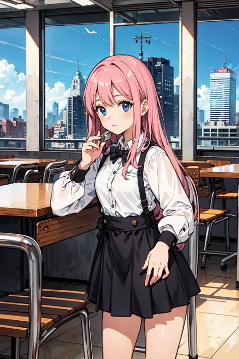 (best quality:1.6), (ultra-detailed),girl, cafeteria ,cityscape,