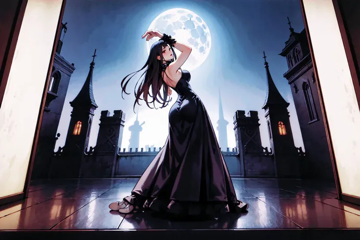 (masterpiece),(best quality:1.6), (ultra-detailed),gothicgirl dancing with vampireman, moon,castle scape