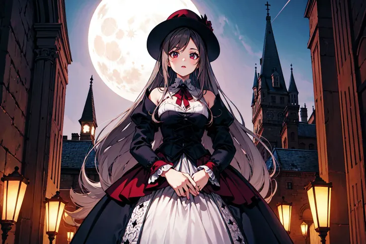 (masterpiece),(best quality:1.6), (ultra-detailed),gothic girl, vampire, moon,castle scape