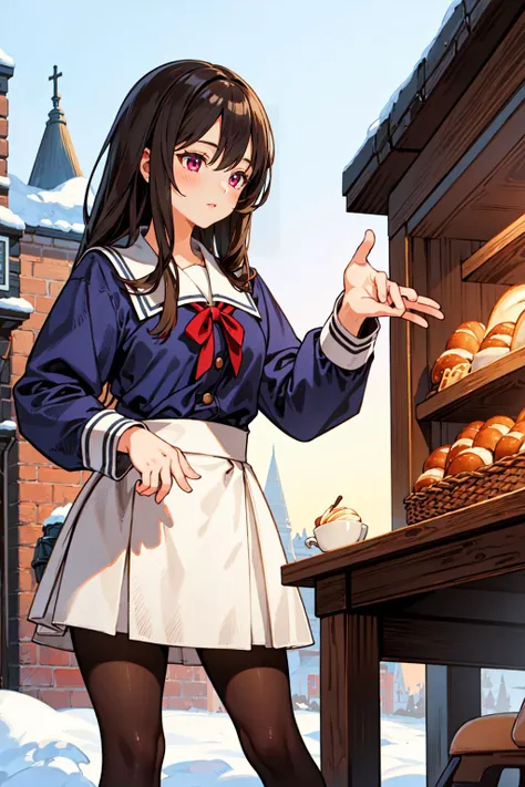 (masterpiece),(best quality:1.6), (ultra-detailed),2girl hand grab,winter, bakery ,school uniform ,detailed background,