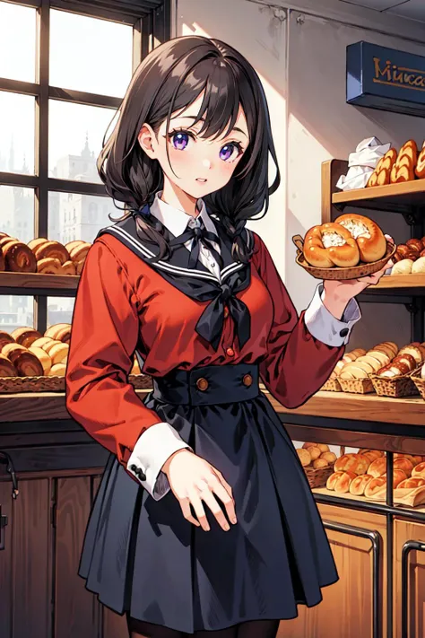 (masterpiece),(best quality:1.6), (ultra-detailed),2girl hand grab,winter, bakery ,school uniform ,detailed background,