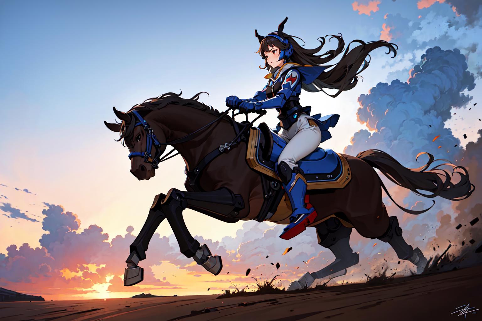 Anime girl riding a horse in the desert at sunset - SeaArt AI
