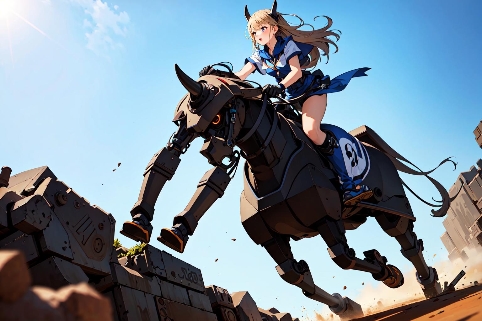 Anime girl riding a horse in a desert area with a brick wall - SeaArt AI