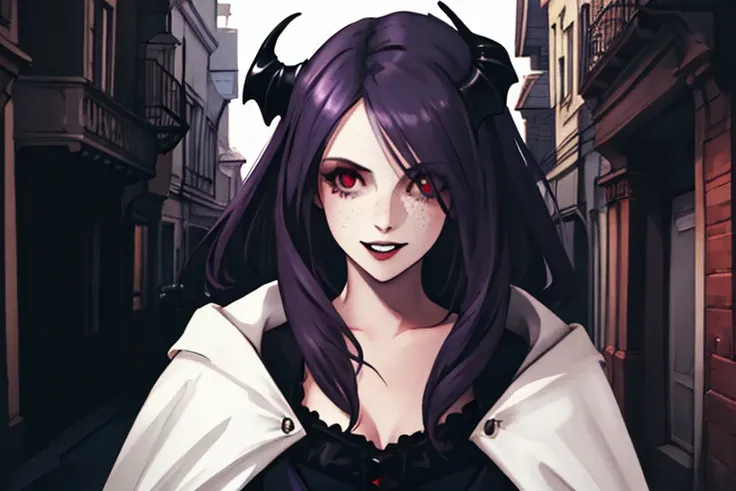 portrait of a vampire lady, dark mystic street in background, vampire teeth,professional color grading, skin texture, some freckles, high contrast, clean sharp focus, realistic photography, dslr, 4k