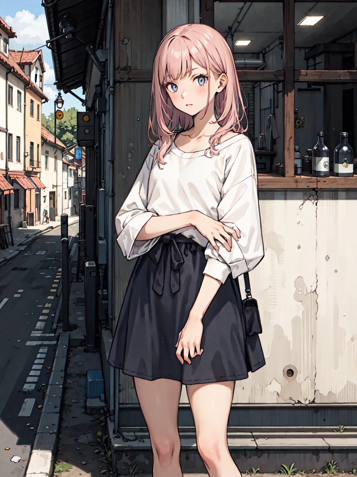 best quality, detailed background, girl, ,euro_street, random_wear, <lora:hairOverEyesLoraStyle_v1:1>