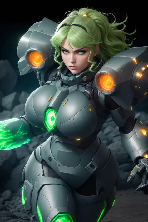 a  portrait of a rugged [babe|siren]  Parrley_armor, a woman in a suit of armor ,wearing Parrley_armor, big bulky futuristic armor, serious looking, glowing armor, missiles, lasers, (battle stance, action pose, running), epic scene, <lora:ParrleyFLEX:0.6>,  perfect face, pretty face, peach eyes, green hair, big hair, huge breasts, lush detail, absurdres,