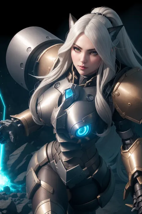 a  portrait of a gangling [vixen|enchantress] witch Parrley_armor, a woman in a suit of armor ,wearing Parrley_armor, big bulky futuristic armor, serious looking, glowing armor, missiles, lasers, (battle stance, action pose, running), epic scene, <lora:ParrleyFLEX:0.6>,  perfect face, pretty face, brown eyes, silver hair, absurdly long hair, small breasts, lush detail, absurdres,