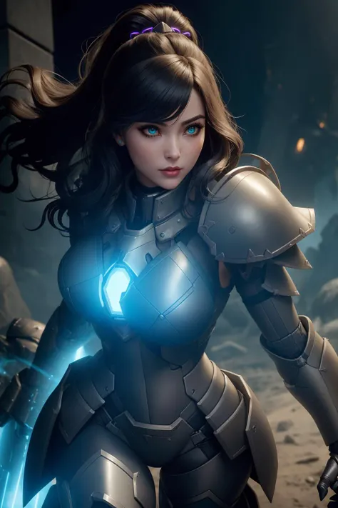 a waist-up portrait of a bony [seductress|temptress]  Parrley_armor, a woman in a suit of armor ,wearing Parrley_armor, big bulky futuristic armor, serious looking, glowing armor, missiles, lasers, (battle stance, action pose, running), epic scene, <lora:ParrleyFLEX:0.6>,  perfect face, pretty face, jade eyes, black hair, very long hair, small breasts, lush detail, absurdres,