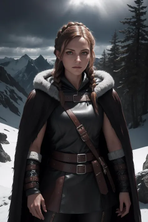 RAW photo, a photo of a beautiful huntress girl, (sexy broken shoulder armor:1.2), fluffy wolf hoodie, intricate details, hyperrealism, dark shot, hdr
