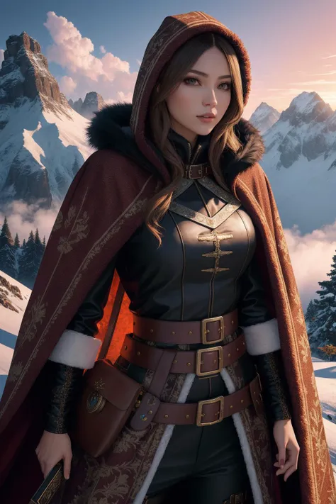 famous artwork, ultra detailed digital art, wallpaper, trending on artstation, a photo of a huntress, temptress, wearing a fur cloak and rough shirt, hood, bandoleer, belt, pelts,intricate, vibrant, neon, sin rays, nihongami, simple background, on a mountain,