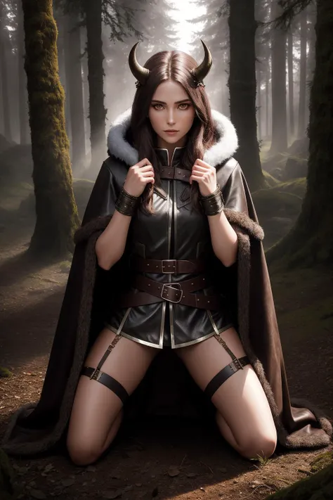 hdr, a photo of a huntress, kneeling, goddess, wearing a fur cloak and leather shirt, bow, sword, hood, bandoleer, belt, pelts,elegant, pretty, horns, symbol-shaped pupils, glowing skin, dark brown eyes, dark background, in a forest,