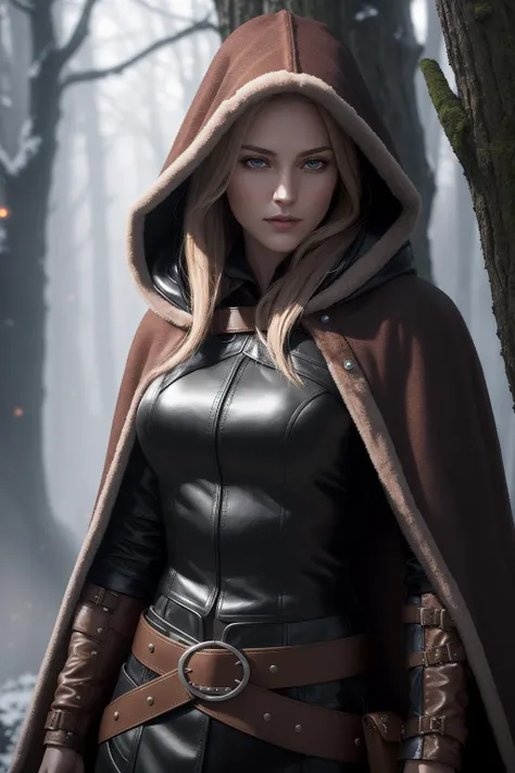 ultra detailed digital art, photorealistic, a portrait of a huntress, temptress, wearing a fur cloak and leather shirt, hood, bandoleer, belt, pelts,dynamic angle, extremely detailed, bioluminescence, in mist,