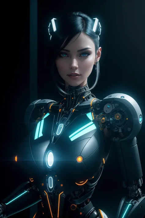a portrait of a beautiful cyborg woman, excited, leaning against a wall, mechanical limbs, hydraulics, motors, wires, [fake ceramic skin], circuitry, robotic midsection, circular joints, hyper detail, edge lighting, bright, glow, demure, black background, on top of a skyscraper,