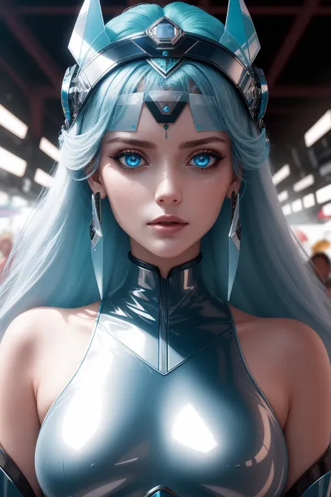 a portrait of a [siren|goddess], edgFut_clothing, [futuristic headpiece|visor], wearing edgFut_clothing, electric circuits, <lora:edgFuturistic1:0.8>, perfect face, pretty face, light blue eyes, auburn hair, big hair, small breasts, lush detail, absurdres, at a market,