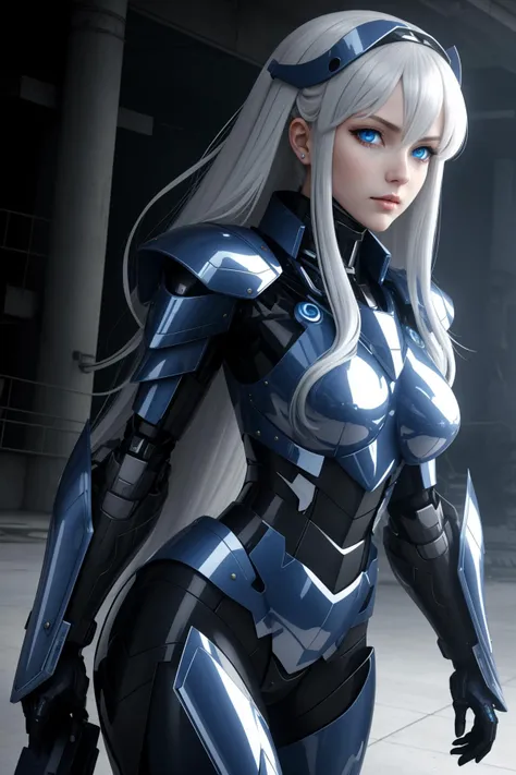 wallpaper, a portrait of a beautiful woman, standing, siren, mecha musume, full armor, <lora:mecha_offset:0.8>, elegant, high contrast, flirtatious, post apocalyptic, beautiful detailed face, grey-blue eyes, medium breasts,