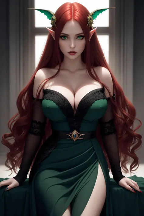 a  portrait of a sylphlike [siren|enchantress]  , dark , wearing a flag dress, lascivious, perfect face, pretty face, green eyes, dark red hair, absurdly long hair, large breasts, lush detail, absurdres,