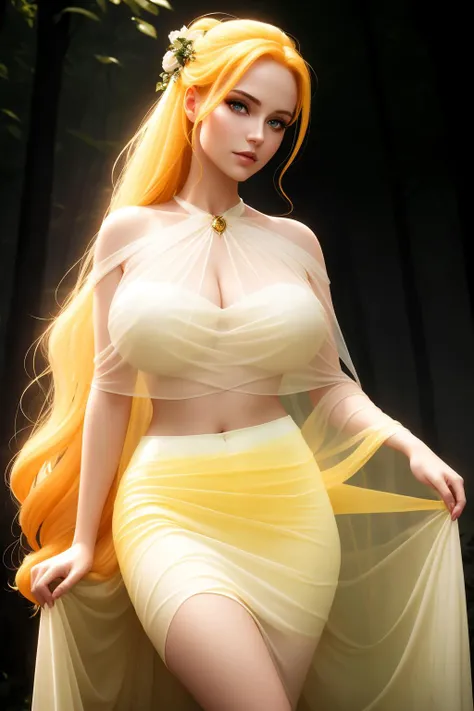 concept art, a portrait of a beautiful woman, posing fror a picture, enchantress, ((Ivory Sheer skirt)), <lora:SheerSkirtV2:0.7>, ultra detailed, edge lighting, bright eyes, ruby eyes, yellow hair, hair up, huge breasts, dark background, in a misty forest,