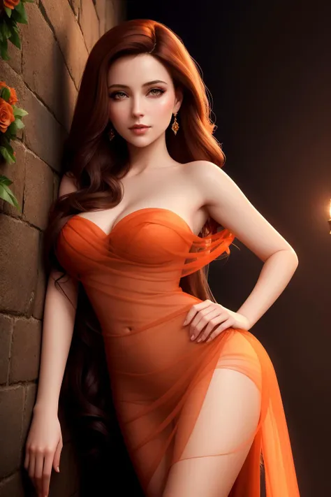 concept art, a portrait of a beautiful woman, leaning against a wall, vixen, ((Sheer dress)), <lora:SheerSkirtV2:0.7>, ornate, studio lighting, lascivious, doll, peach eyes, dark brown hair, detailed background, in a flower meadow,