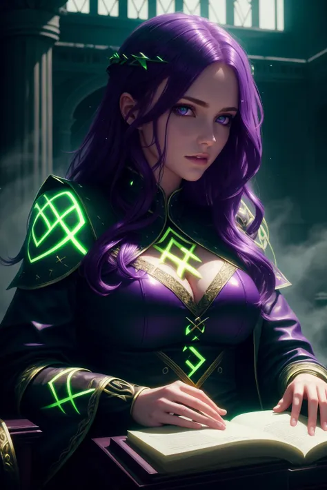 clean, a portrait of a beautiful woman, sitting, babe, <lora:GlowingRunesAIv4-000005:0.8>, a glowingrunes_green woman, hyper detail, high contrast, callipygian, realistic skin, purple eyes, dark blonde hair, messy hair, in a castle,