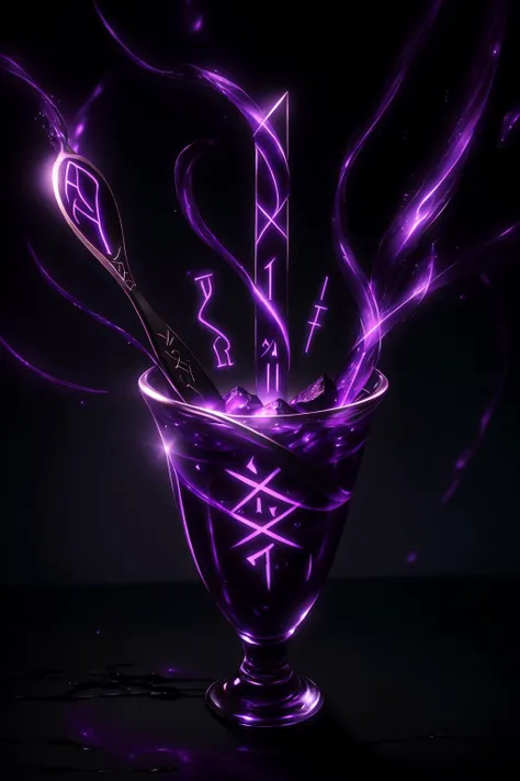 masterpiece, realistic, <lora:GlowingRunesAIv4-000005:0.8>, a glowingrunes_purple spoon hyper detail, bokeh,