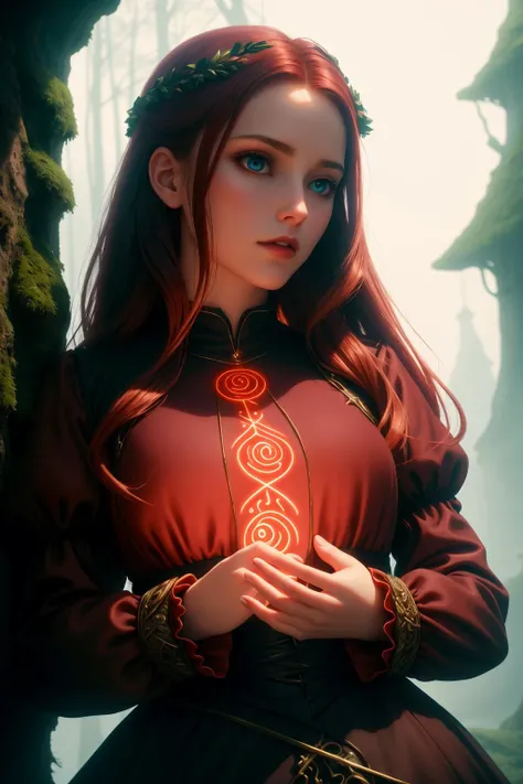 photorealistic, concept art, absurdres, best quality, digital photography, a portrait of a beautiful woman, leaning against a wall, goddess, <lora:GlowingRunesAIv4-000005:0.8>, wearing glowingrunes_red puffy long sleeves, cowboy shot, extremely detailed, soft lighting, luscious, doll, peach eyes, dark red hair, sidelocks, from below, bioluminescent background, in a magical forest,