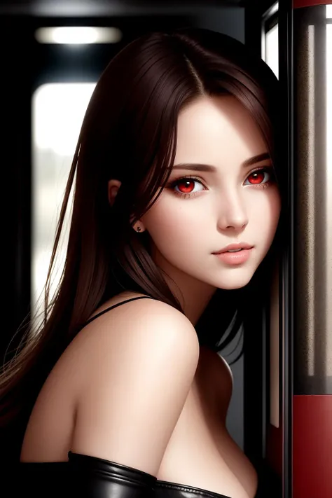 wallpaper, clean, a portrait of a beautiful woman, leaning against a wall, seductress, intricate, high contrast, fantasy, picture-perfect face, red eyes, dark brown hair, hair over one eye, medium breasts, in a phone booth,