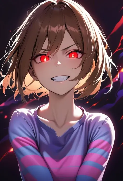 masterpiece, best quality, 1girl, (realistic:0.25) <lora:FriskXL:0.9> FriskUT, brown hair, short hair, striped shirt, upper body, black background, red swirls, abstract background, red eyes, glowing eyes, grin