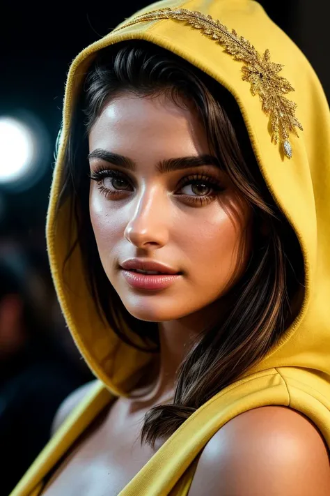 photo of beautiful (tayh1ll-135:0.99), a woman in a (movie premiere gala:1.1), perfect hair, wearing yellow (hood:1.1), ((Funky Seasons:1.1)), modelshoot style, (extremely detailed CG unity 8k wallpaper), professional majestic (photography by martin parr:1.1), (Sony a6100 Mirrorless Camera), 24mm, exposure blend, hdr, faded, extremely intricate, High (Detail:1.1), Sharp focus, dramatic, soft cinematic light, (looking at viewer), (detailed pupils), (upper body), 4k textures, soft cinematic light, adobe lightroom, photolab, elegant, ((((cinematic look)))), soothing tones, insane details, hyperdetailed, low contrast
