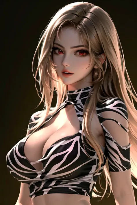 (mature female:1.2),1girl,cleavage,(anime),upper body,bad-girl,red eyes,parted lips,midriff, solo, long hair, yellow eyes, big breasts, (pale skin:0.9), (white female:1.1),((masterpiece)), (high quality), (best quality), (detailed), hd, perfect lighting, detailed face, detailed body, zebra print,<lora:ZebraStyle:0.7>,<lora:badgirl-v1.5-lora-naivae-block-8ep:0.55>