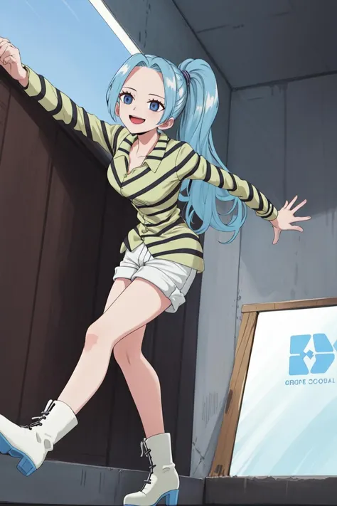 masterpiece, best quality, high quality, highres, high res, absurdres, ultra-detailed, best anatomy, detailed eyes, perfect eyes, Arching the back, smile,
vivi_pre, long hair, solo, 1girl, shirt, blue hair, ponytail, (white heeled boots:1.2), boots, shorts, (striped collared shirt:1.2), (white shorts:1.2), (long legs:1.1), <lora:Vivi_PreTimeSkip:0.9>