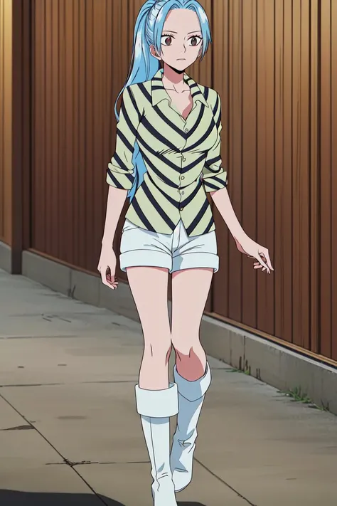 masterpiece, best quality, high quality, highres, high res, absurdres, ultra-detailed, best anatomy, detailed eyes, perfect eyes, Walking with exaggerated arm swings,
vivi_pre, long hair, solo, 1girl, shirt, blue hair, ponytail, (white heeled boots:1.2), boots, shorts, (striped collared shirt:1.2), (white shorts:1.2) <lora:Vivi_PreTimeSkip:0.9>