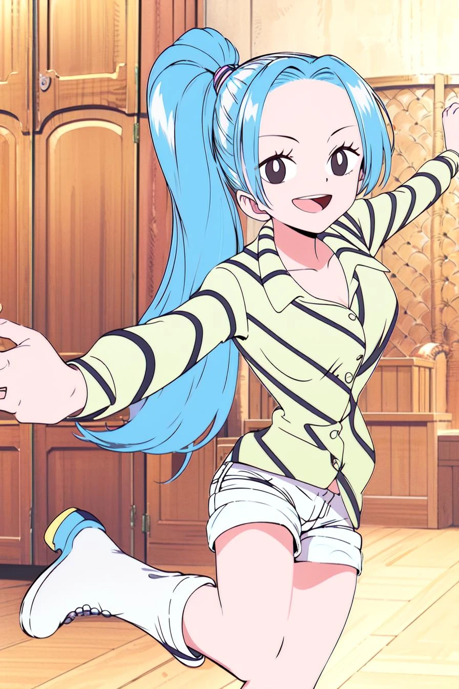masterpiece, best quality, high quality, highres, high res, absurdres, ultra-detailed, best anatomy, detailed eyes, perfect eyes, Jumping with joy, as if holding a birthday cake, smile,
vivi_pre, long hair, solo, 1girl, shirt, blue hair, ponytail, (white heeled boots:1.2), boots, shorts, (striped collared shirt:1.2), (white shorts:1.2), (long legs:1.1), <lora:Vivi_PreTimeSkip:0.9>