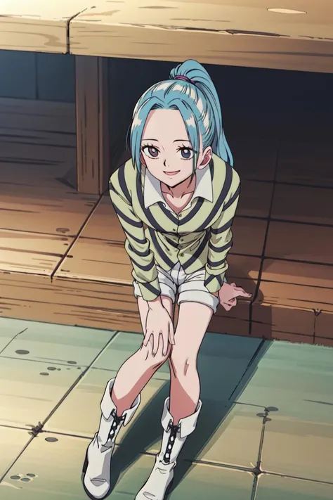 masterpiece, best quality, high quality, highres, high res, absurdres, ultra-detailed, best anatomy, detailed eyes, perfect eyes, Bending over as if picking something up, smile,
vivi_pre, long hair, solo, 1girl, shirt, blue hair, ponytail, (white heeled boots:1.2), boots, shorts, (striped collared shirt:1.2), (white shorts:1.2), (long legs:1.1), <lora:Vivi_PreTimeSkip:0.9>