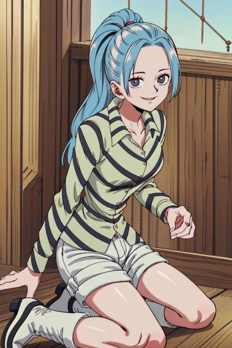 masterpiece, best quality, high quality, highres, high res, absurdres, ultra-detailed, best anatomy, detailed eyes, perfect eyes, Kneeling and mimicking petting an imaginary pet, smile,
vivi_pre, long hair, solo, 1girl, shirt, blue hair, ponytail, (white heeled boots:1.2), boots, shorts, (striped collared shirt:1.2), (white shorts:1.2), (long legs:1.1), <lora:Vivi_PreTimeSkip:0.9>