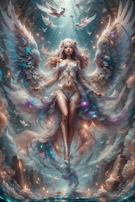 (masterpiece, Top quality, best quality, Official Art, beautiful and aesthetic:1.2), (1 Girl), (Fractal Art:1.2),absurd, high resolution, Making clothing out of extremely fine transparent blue liquid, Ultra-precise depiction, Solitary, (Zentangle:1.2), Flowing hair, shiny skin, (Abstract:1.2), tights, looking at the audience, complex , Halo,