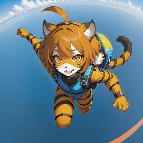 (FLTKL4 goes skydiving:1.2),( wearing aviator pilot goggles:1.2), big red parachute, (wearing a blue skydiving jumpsuit:1.3)
1girl,solo,furry female,cute tiger girl,animal feet,tiger tail,animal nose,(big and detailed yellow eyes with slit pupils:1.3),long brown and orange hair,ahoge,antenna hair,tiger ears,navel,body fur,multicolored fur,orange fur with black stripes,good anatomy,detailed face and mouth,
(anime:1.4),(Masterpiece:1.1),best quality,ultra detailed 8k,Cartoon,drawing,
<lora:neg4all_bdsqlsz_xl_V7:1>,<lora:FloraX3-000002:0.7>, <lora:clothing_slider_v19:2>