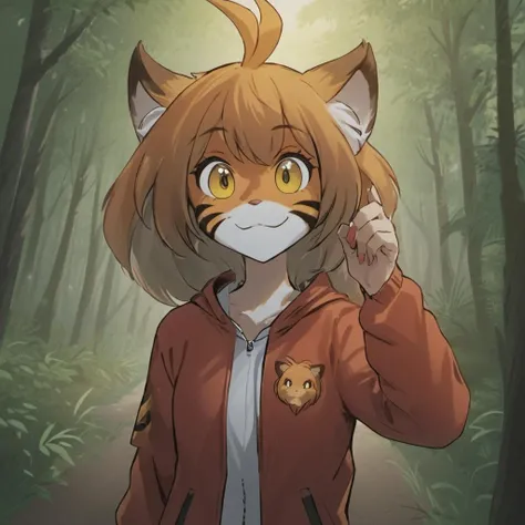tiger girl,female furry,animal ears,brown hair,antenna hair,ahoge,animal nose,:3,detailed big yellow eyes,slit pupils,multicolored fur,white fur,orange fur,
adult,slim,1girl,solo,smug,smiling,cute,
Standing,fantasy forest,(red tracksuit:1.6),
anime,masterpiece,highly detailed,good artist,digital art,
<lora:FLTKL4-V2:0.6>, <lora:neg4all_bdsqlsz_xl_V7:1>