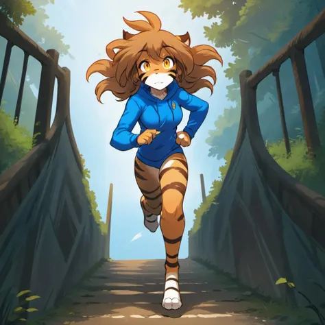 1girl,solo,furry,female furry,tiger girl,beautiful girl,long brown orange hair,animal nose,(detailed face and eyes:1.2),slit pupils,good anatomy,good hands
(anime:1.3),(masterpiece:1.1),(best quality:1.2),8k,
full body,(fully dressed:1.3),clothing,subject wearing blue tracksuit, running over a medieval bridge,
<lora:FloraSDXL-V2:0.6>, <lora:neg4all_bdsqlsz_xl_V7:1>