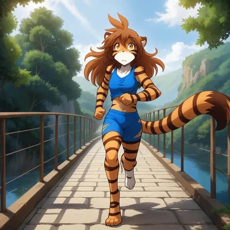 1girl,solo,furry,female furry,tiger girl,beautiful girl,long brown orange hair,animal nose,(detailed face and eyes:1.2),slit pupils,good anatomy,good hands
(anime:1.3),(masterpiece:1.1),(best quality:1.2),8k,
full body,(fully dressed:1.3),clothing,wearing blue tracksuit,running fast over a medieval bridge, looking at viewer,
<lora:FloraSDXL-V2:0.6>, <lora:neg4all_bdsqlsz_xl_V7:1>