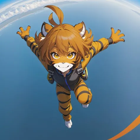 (FLTKL4 goes skydiving:1.2),( wearing aviator pilot goggles:1.2), big red parachute, (wearing a blue skydiving jumpsuit:1.3)
1girl,solo,furry female,cute tiger girl,animal feet,tiger tail,animal nose,(big and detailed yellow eyes with slit pupils:1.3),long brown and orange hair,ahoge,antenna hair,tiger ears,navel,body fur,multicolored fur,orange fur with black stripes,good anatomy,detailed face and mouth,
(anime:1.4),(Masterpiece:1.1),best quality,ultra detailed 8k,Cartoon,drawing,
<lora:neg4all_bdsqlsz_xl_V7:1>,<lora:FloraX3-000002:1>, <lora:clothing_slider_v19:2>