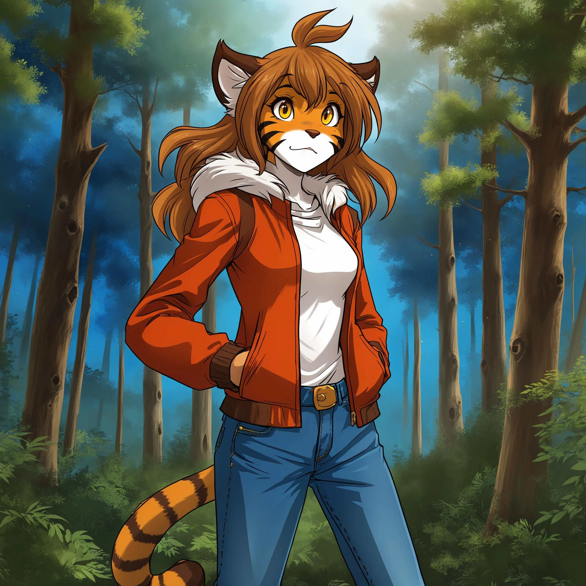 tiger girl,female furry,animal ears,brown hair,antenna hair,ahoge,animal nose,:3,detailed big yellow eyes,slit pupils,multicolored fur,white fur,orange fur,
adult woman,slim,1girl,solo,good mouth,
Standing upright,fantasy forest,(red jacket:1.3),(blue jeans:1.3),full body,
(anime:1.4),(masterpiece:1.4),highly detailed,good artist,digital art,
<lora:FLTKL4-V2:0.6>, <lora:neg4all_bdsqlsz_xl_V7:1>