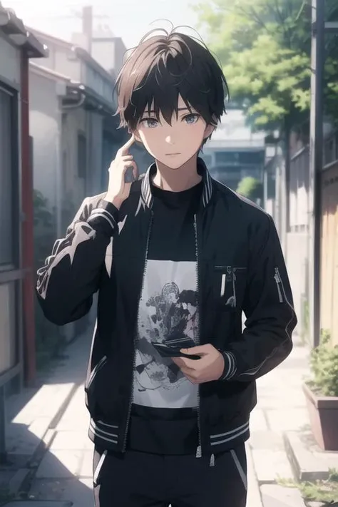 masterpiece, best quality, ultra-detailed, illustration, 1boy, solo, male focus, looking at viewer, , depth of field, <lora:kakeru_naruse:0.70>, kakeru_naruse, , jacket
