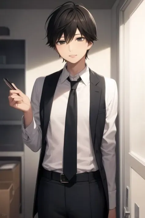 masterpiece, best quality, high quality, 1boy, solo, male focus, looking at viewer, , , <lora:kakeru_naruse:0.78>, kakeru_naruse, black hair, black eyes, formal, necktie, dress shirt