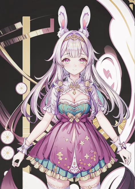 ((1girl)), torogao, chromatic aberration, looking at viewer, (solo),
(best quality:1.3),(masterpiece:1.3),(illustration:1.3),(ultra-detailed:1.3),jewel-like eyes,extremely detailed eyes,extremely detailed face,(seductive smile:0.6),small breasts,
Reine,dress, rabbit ears,(white thighhighs),full body,
((trefoil)),nippleless clothes,(cleavage cutout),(breasts out),lace-trimmed legwear,thighhighs,