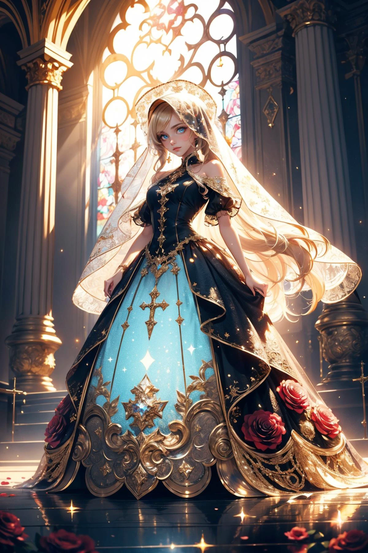 (masterpiece:1.2), (best quality), (detailed skin:1.2), (intricate details), (cinematic lighting), (sharp focus), highly detailed, high budget, epic, gorgeous, (finely detailed beautiful eyes, long blonde hair:1.2),
1girl, dynamic angle, looking at viewer, wonderful woman, most beautiful, star of the night, glow, glowing, sparkle, sparkling, glitter, <lora:wrenchrosettebloom:0.7> wrenchrosettebloom, full body, <lora:mirrornun-noise:0.4> mirrornun, transparent veil, sacred church background