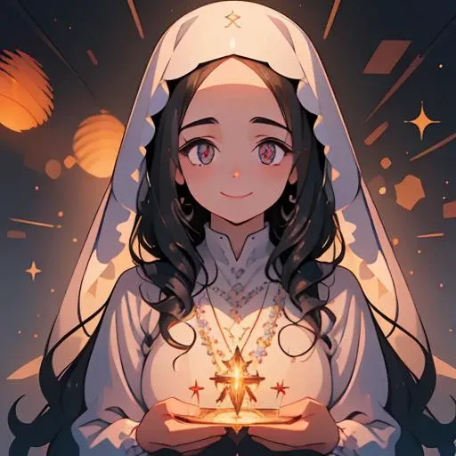 (masterpiece:1.4), high quality, high definition, sharp focus, detailed face, anime, best quality, 4k, 8k, absurd resolution, intricate detail, detailed hands, detailed eyes, animation, illustration, highly detailed, highres, extremely detailed, detailed background, <lora:ETO_OCC002:0.7> ETO_OCC, 1girl, black hair, curly hair,longhair, thick eyebrows, (gentle smile:1.4), (smiling), <lora:hyperdenoiser_v090:0.6>, <lora:hyperrefiner_v090:0.6>, (looking at viewer:1.4), <lora:mirrornun-noise:1> mirrornun mirrornun, dress, glitter, glowing, bokeh, sparks