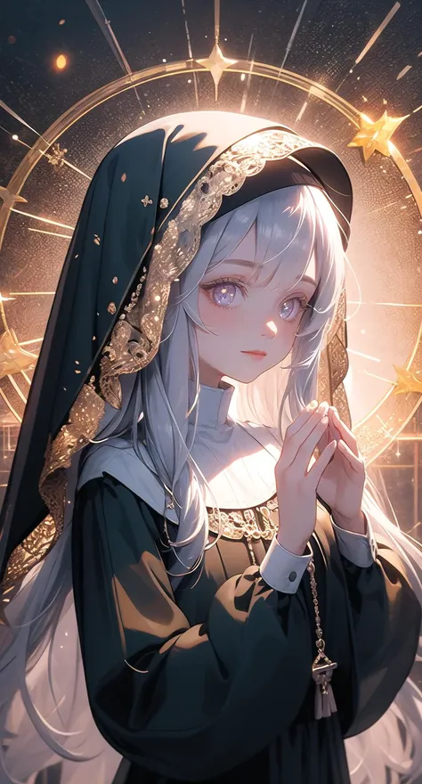 mirrornun, portrait, 1girl, solo, nun, upper body, long sleeves, blush, habit, own hands together, long hair, looking at viewer, closed mouth, halo, bangs, dress, grey eyes, black dress, sparkle, hands up, grey hair, veil <lora:mirrornun-noise:1>